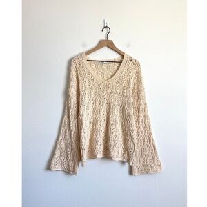 ZARA Cream Crochet Knit VNeck Bell Sleeve Boho Sweater Cottagecore Beach Coverup